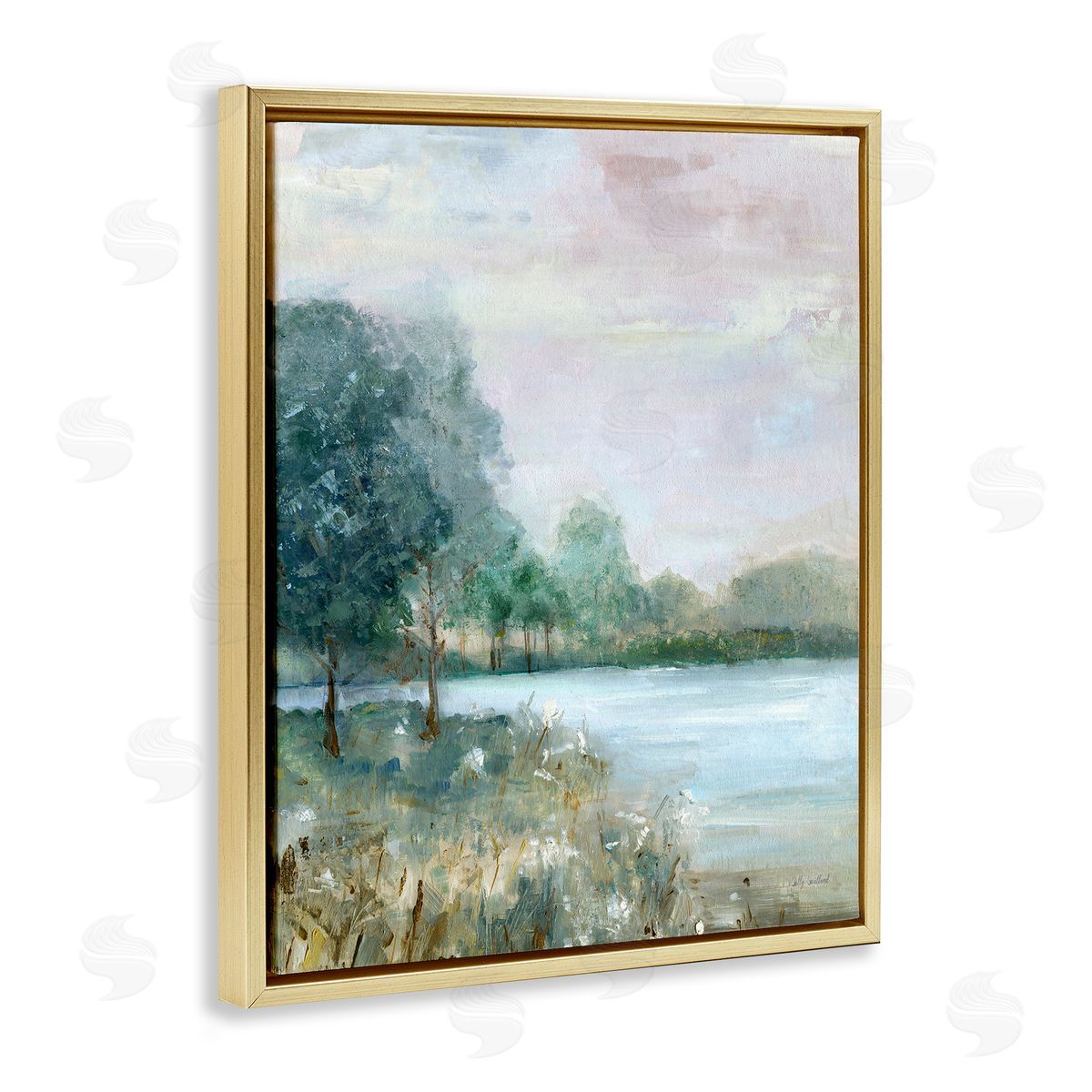 Serene Riverside View Gold Floating Frame Canvas Wall Art, Home Decor by Sally Swatland
