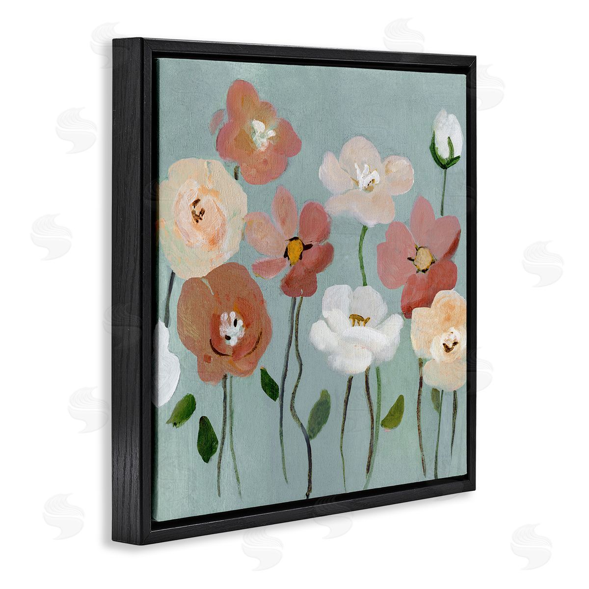Boho Blooms on Blue Black Floating Frame Canvas Wall Art, Home Decor by Charity Henderson
