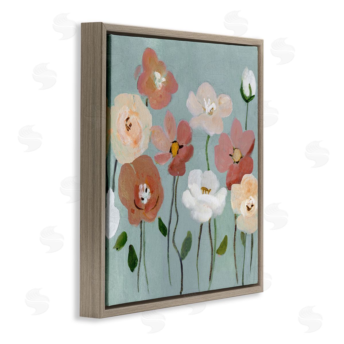 Boho Blooms on Blue Brown Floating Frame Canvas Wall Art, Home Decor by Charity Henderson