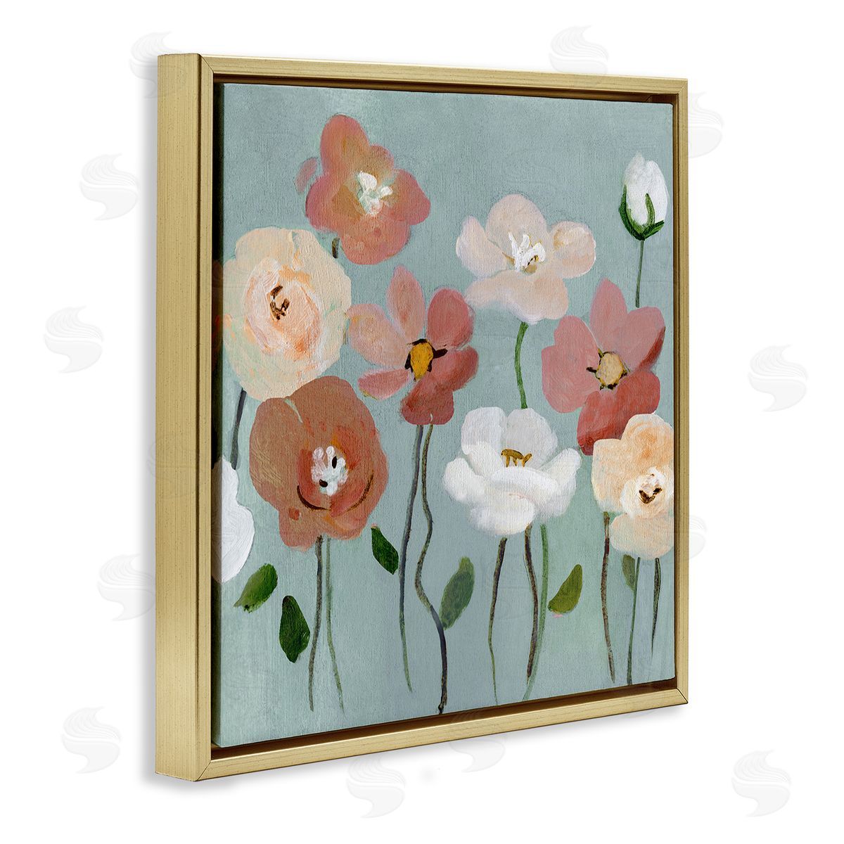 Boho Blooms on Blue Gold Floating Frame Canvas Wall Art, Home Decor by Charity Henderson