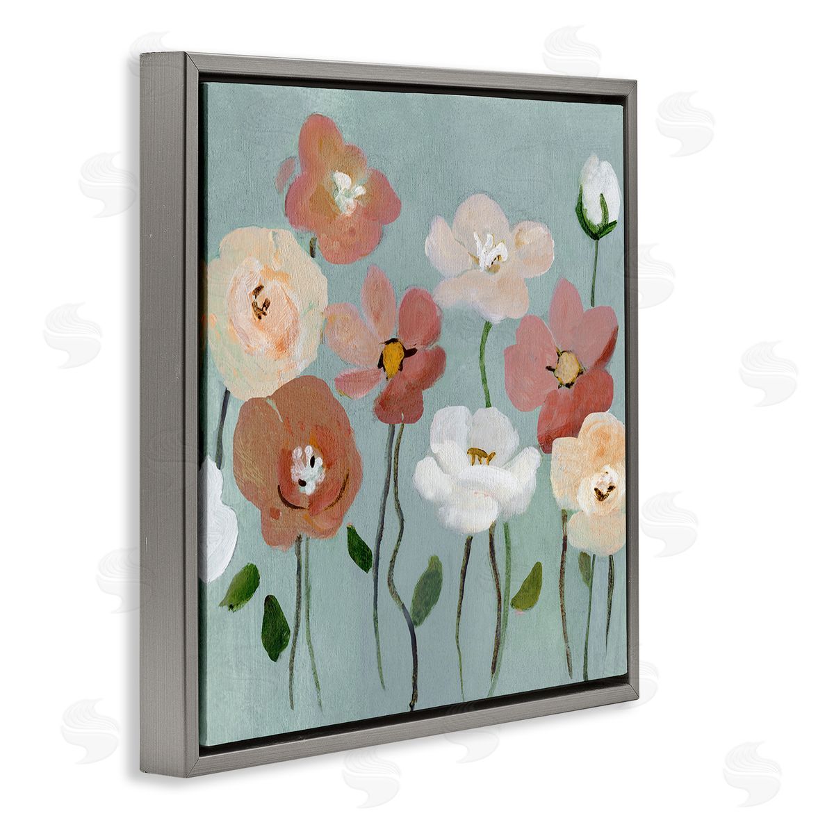 Boho Blooms on Blue Grey Floating Frame Canvas Wall Art, Home Decor by Charity Henderson