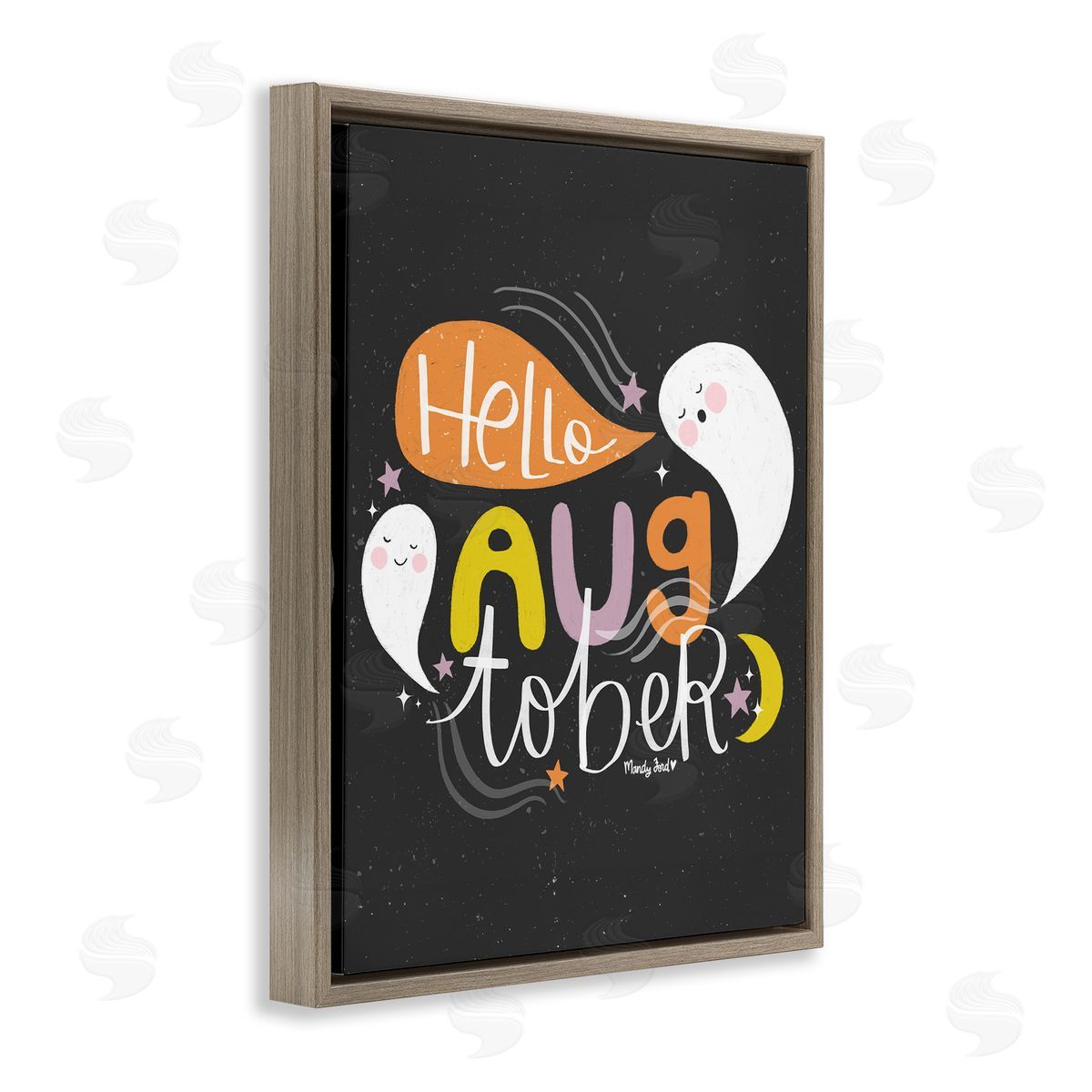 Hello Augtober with Ghosts Brown Floating Frame Canvas Wall Art, Home Decor by Mandy Ford Art + Illustration