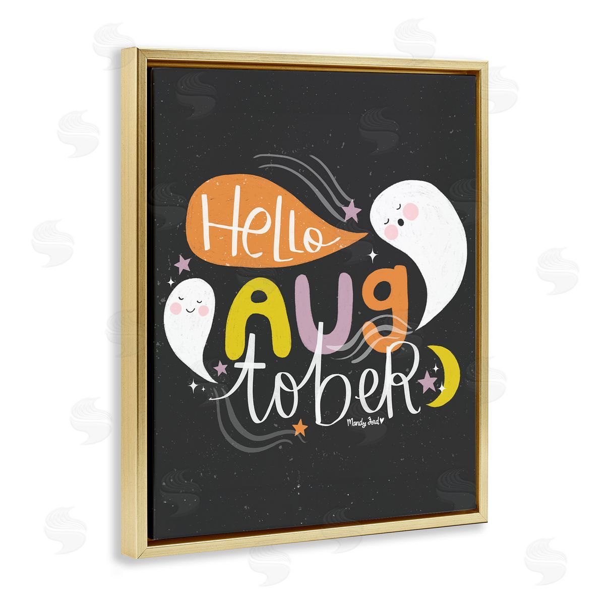 Hello Augtober with Ghosts Gold Floating Frame Canvas Wall Art, Home Decor by Mandy Ford Art + Illustration