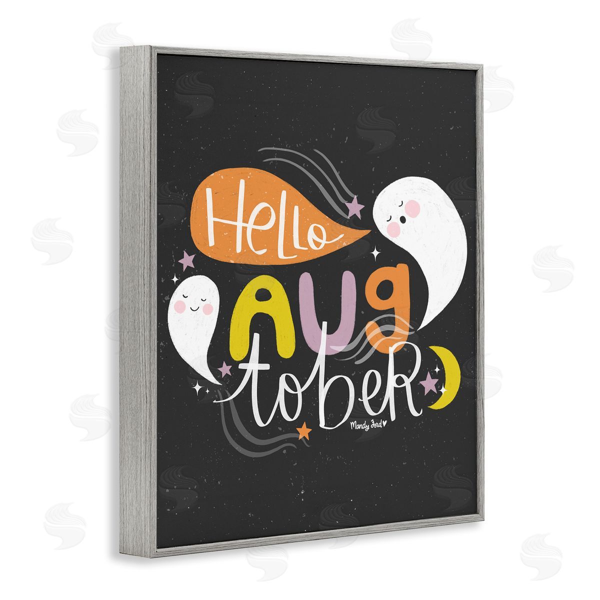 Hello Augtober with Ghosts Grey Frame Print Wall Art, Home Decor by Mandy Ford Art + Illustration