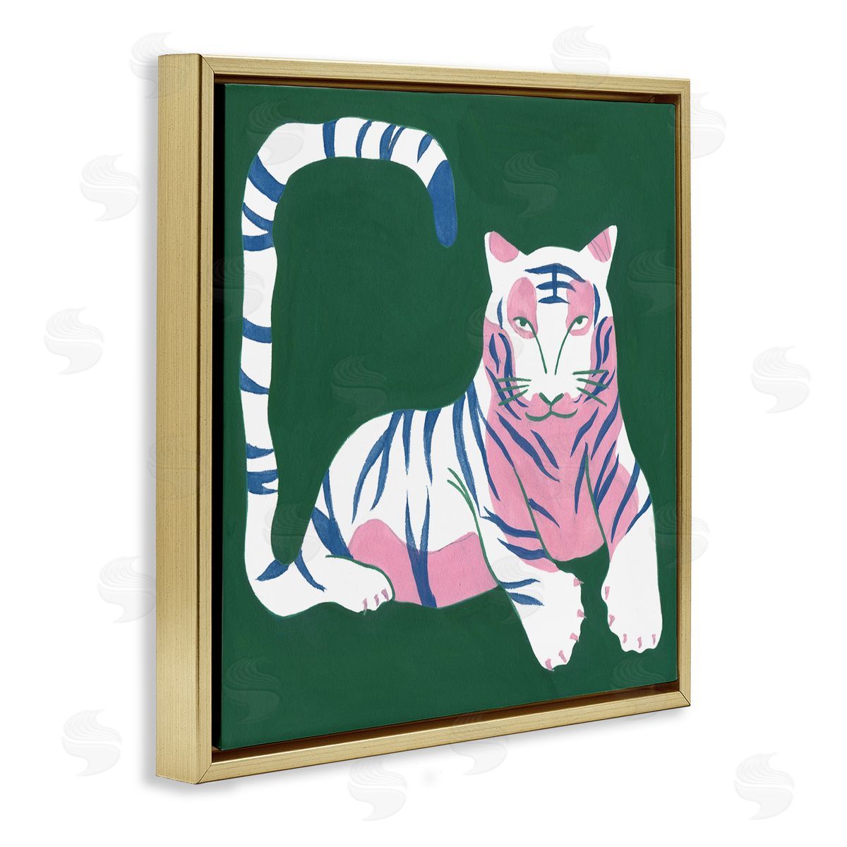 Modern Tiger with Curved Tail Gold Floating Frame Canvas Wall Art, Home Decor by Melissa Wang