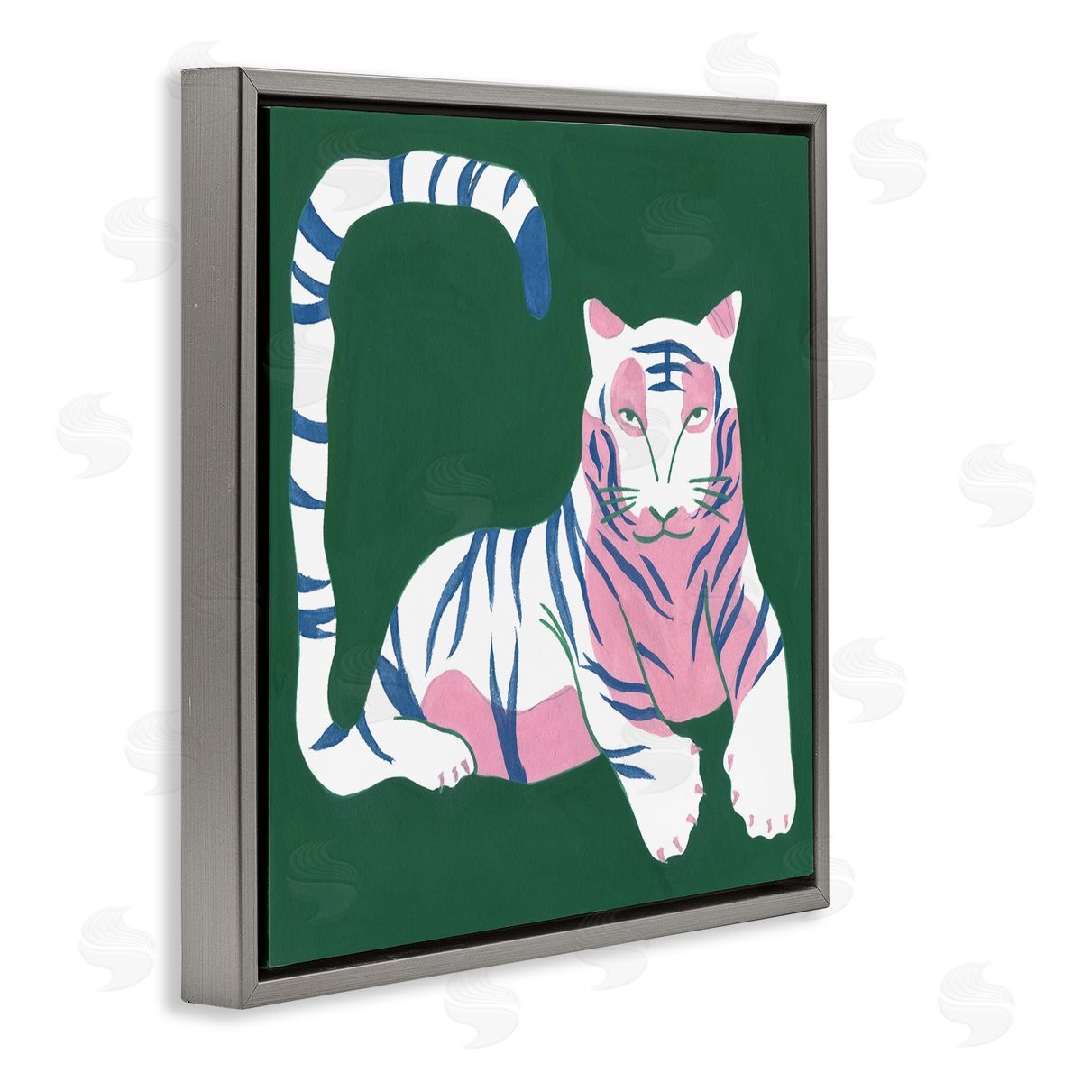 Modern Tiger with Curved Tail Grey Floating Frame Canvas Wall Art, Home Decor by Melissa Wang