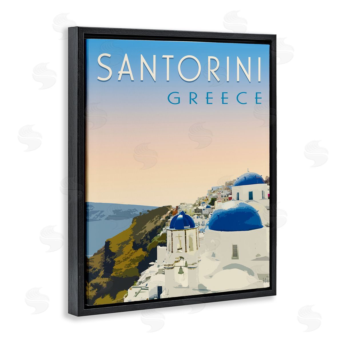 Vintage Santorini Cityscape Black Floating Frame Canvas Wall Art, Home Decor by Victoria Barnes