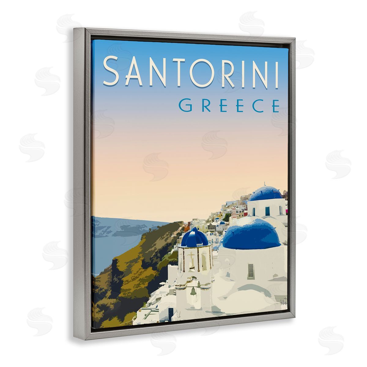 Vintage Santorini Cityscape Grey Floating Frame Canvas Wall Art, Home Decor by Victoria Barnes