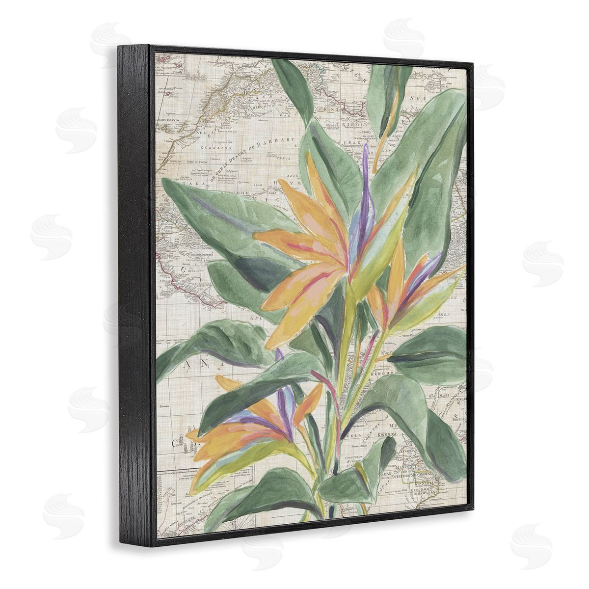 Tropical Flower over Map Black Frame Print Wall Art, Home Decor by June Erica Vess