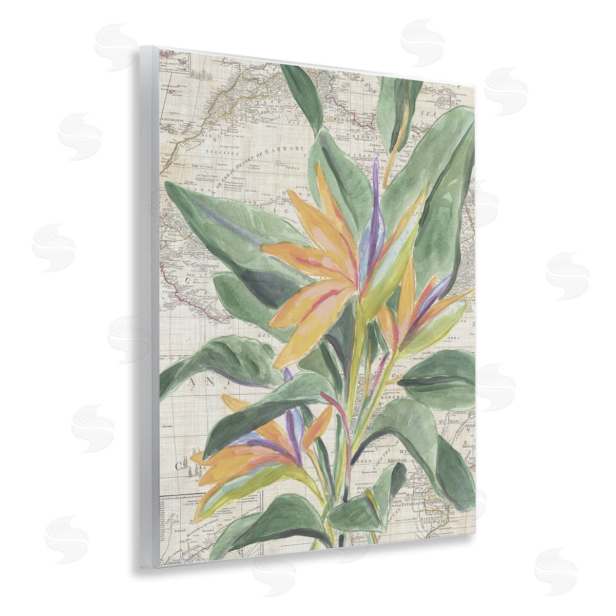Tropical Flower over Map Wood Plaque Wall Art, Home Decor by June Erica Vess
