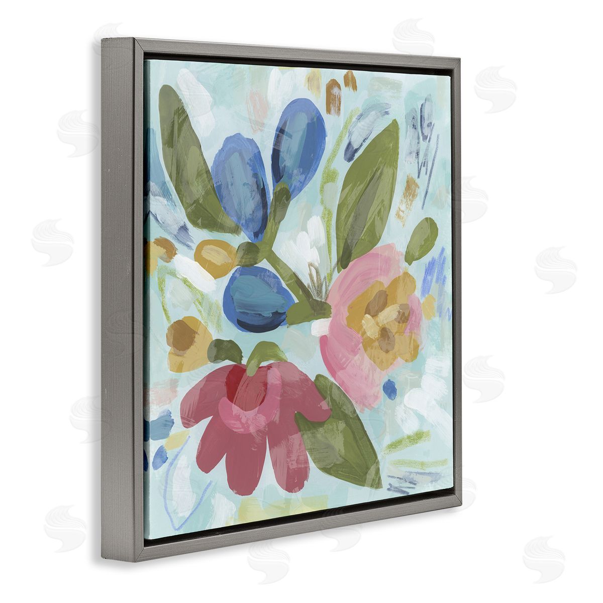 Bright Boho Flowers Grey Floating Frame Canvas Wall Art, Home Decor by June Erica Vess
