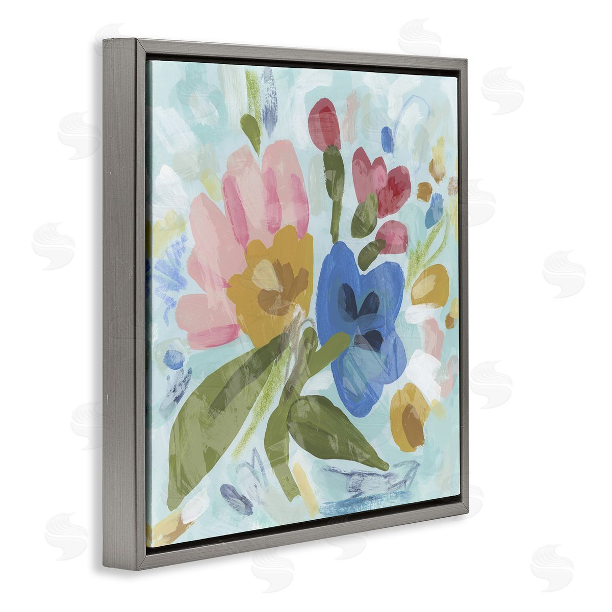 Stylish Pop Flowers Grey Floating Frame Canvas Wall Art, Home Decor by June Erica Vess