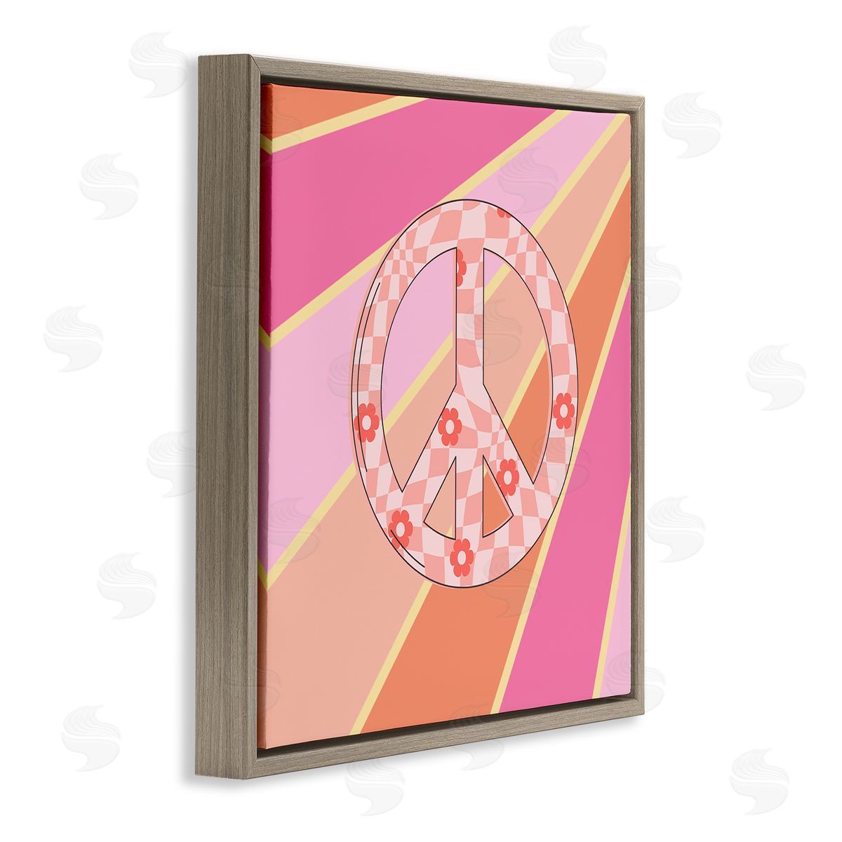 Beaming Floral Peace Symbol Brown Floating Frame Canvas Wall Art, Home Decor by Jesse Keith