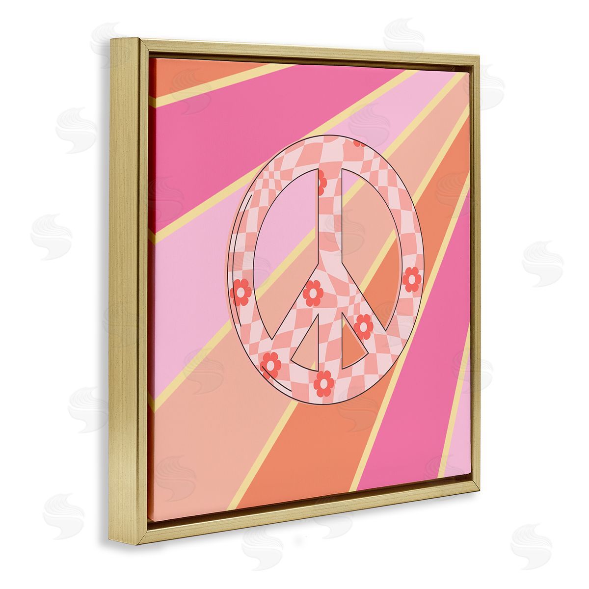 Beaming Floral Peace Symbol Gold Floating Frame Canvas Wall Art, Home Decor by Jesse Keith