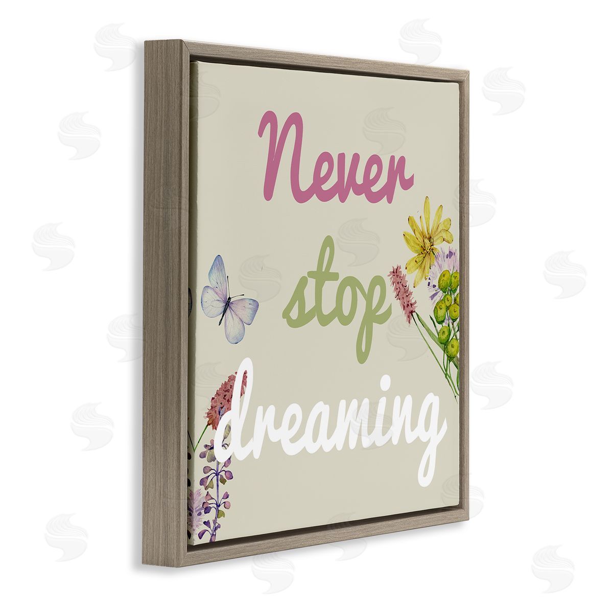 Never Stop Dreaming with Florals Brown Floating Frame Canvas Wall Art, Home Decor by Kim Allen