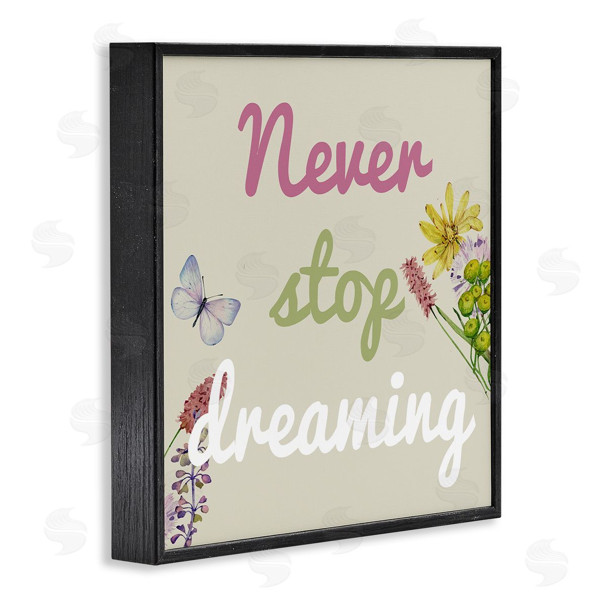 Never Stop Dreaming with Florals Black Frame Print Wall Art, Home Decor by Kim Allen