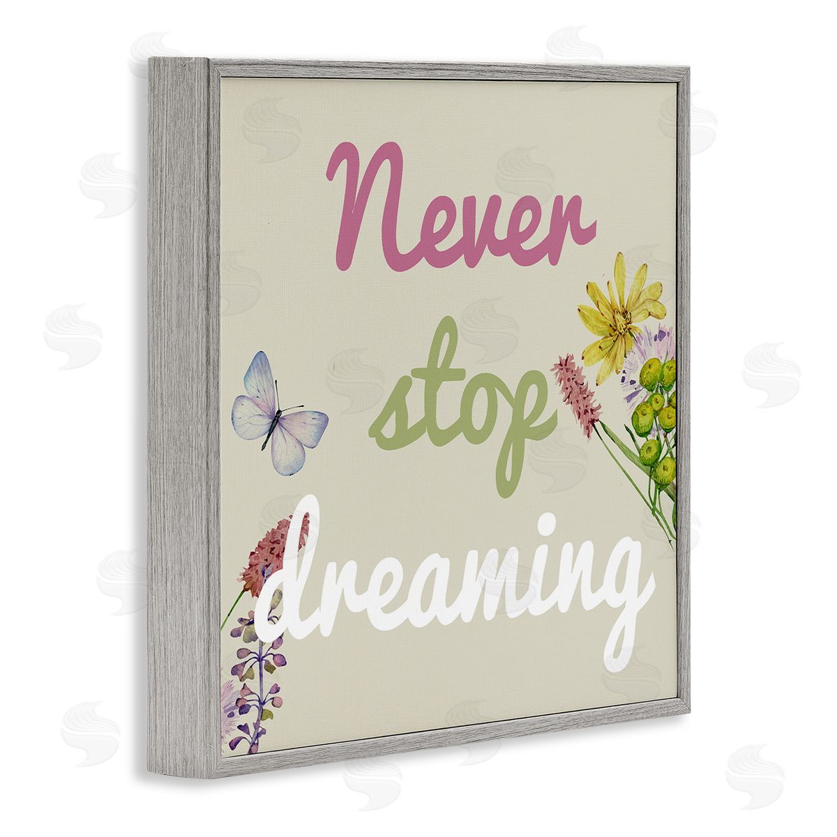Never Stop Dreaming with Florals Grey Frame Print Wall Art, Home Decor by Kim Allen