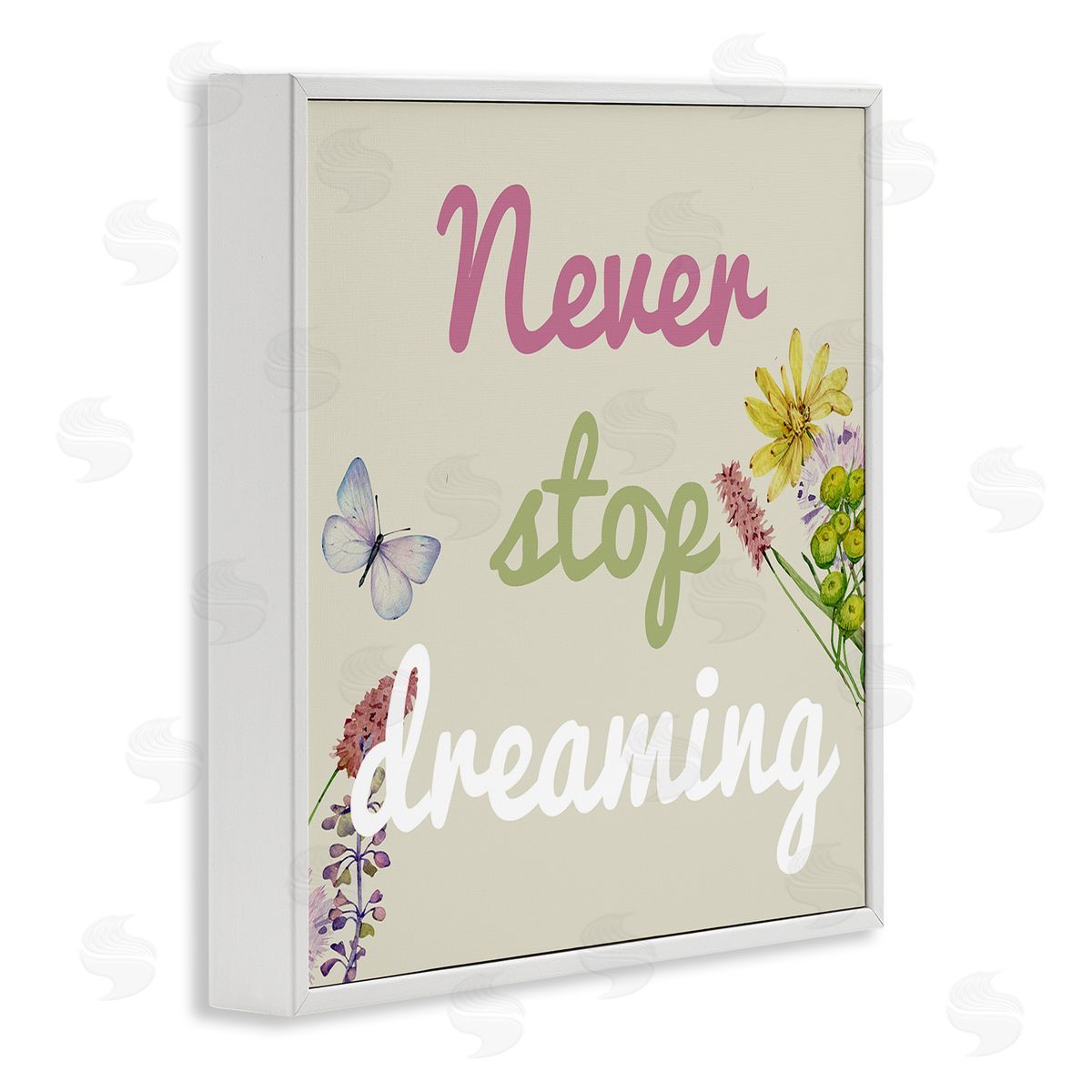 Never Stop Dreaming with Florals White Frame Print Wall Art, Home Decor by Kim Allen