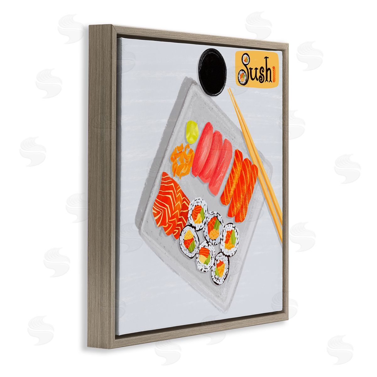 Delicious Sushi Plate Brown Floating Frame Canvas Wall Art, Home Decor by Juliet Rose Philips