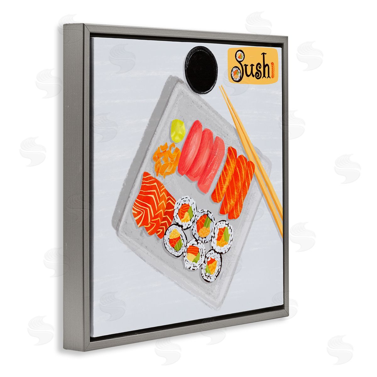Delicious Sushi Plate Grey Floating Frame Canvas Wall Art, Home Decor by Juliet Rose Philips