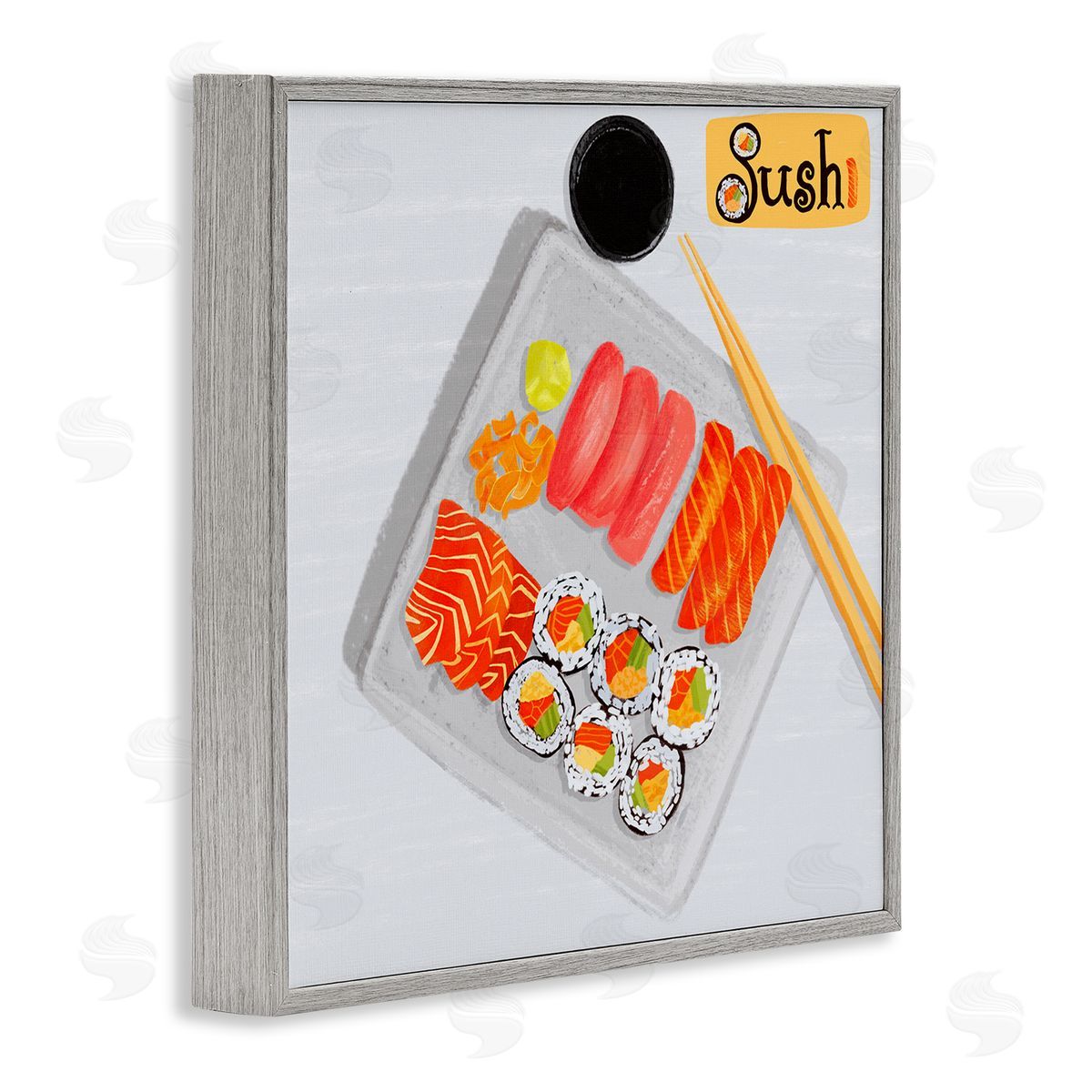 Delicious Sushi Plate Grey Frame Print Wall Art, Home Decor by Juliet Rose Philips