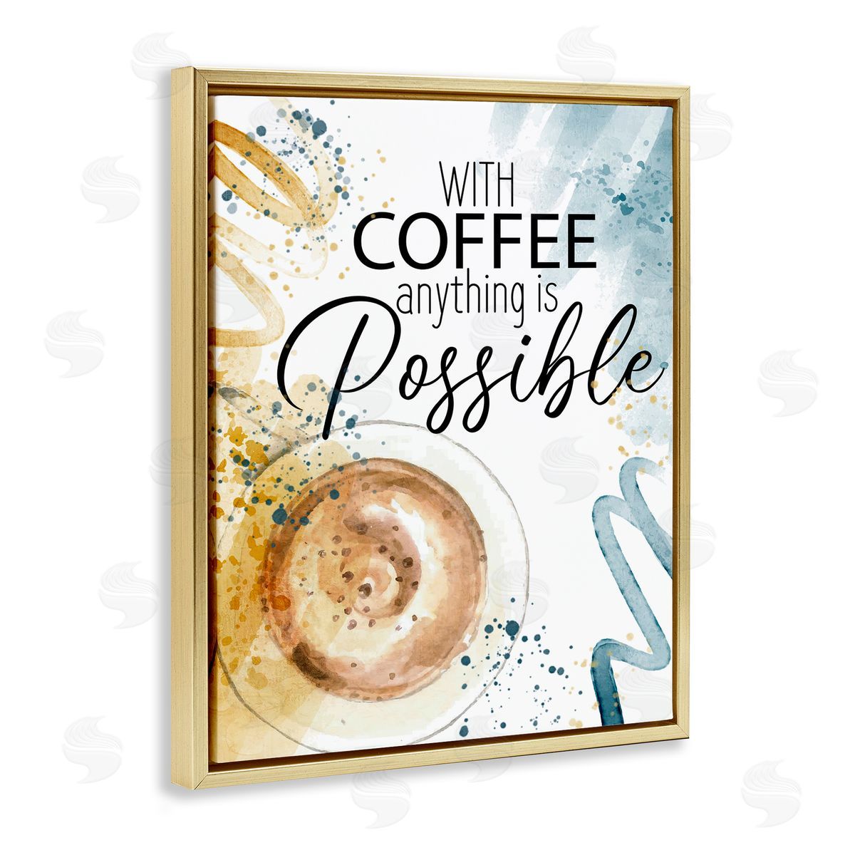 With Coffee Anything Possible Gold Floating Frame Canvas Wall Art, Home Decor by Kim Allen
