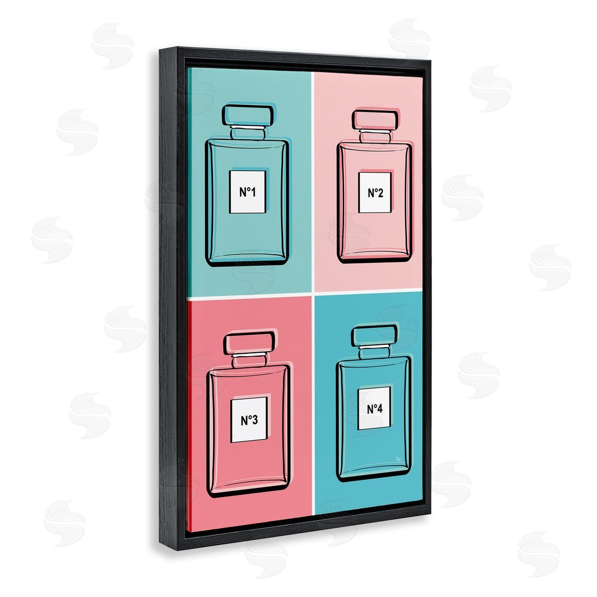 Pink & Blue Perfumes Black Floating Frame Canvas Wall Art, Home Decor by Martina Pavlova