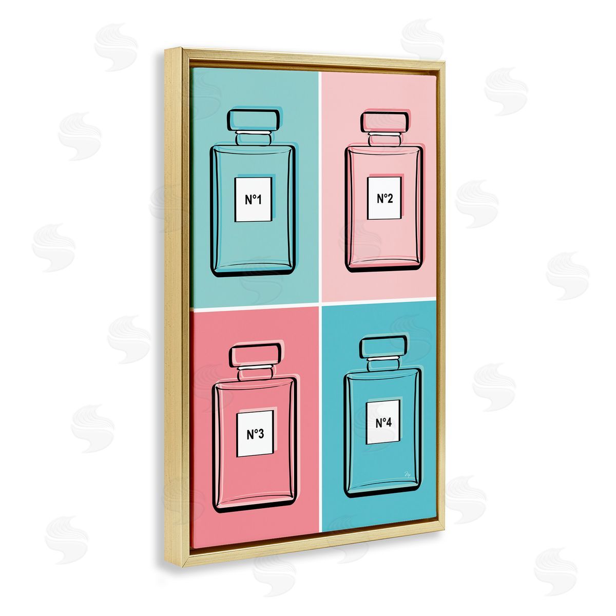Pink & Blue Perfumes Gold Floating Frame Canvas Wall Art, Home Decor by Martina Pavlova