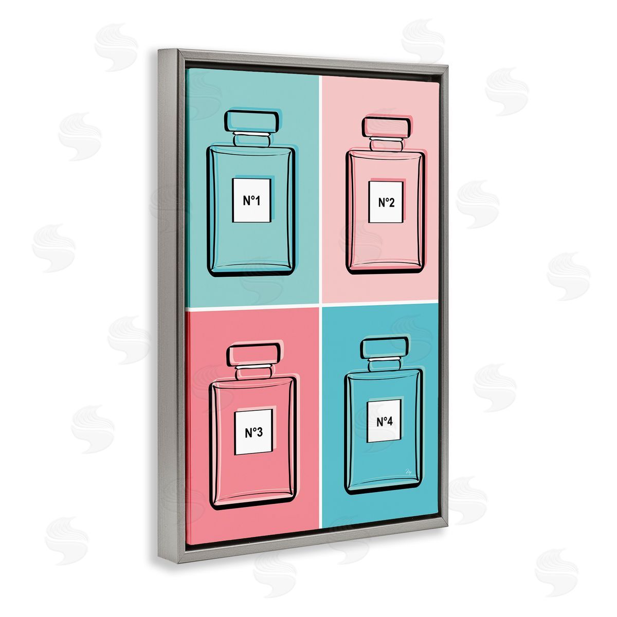 Pink & Blue Perfumes Grey Floating Frame Canvas Wall Art, Home Decor by Martina Pavlova