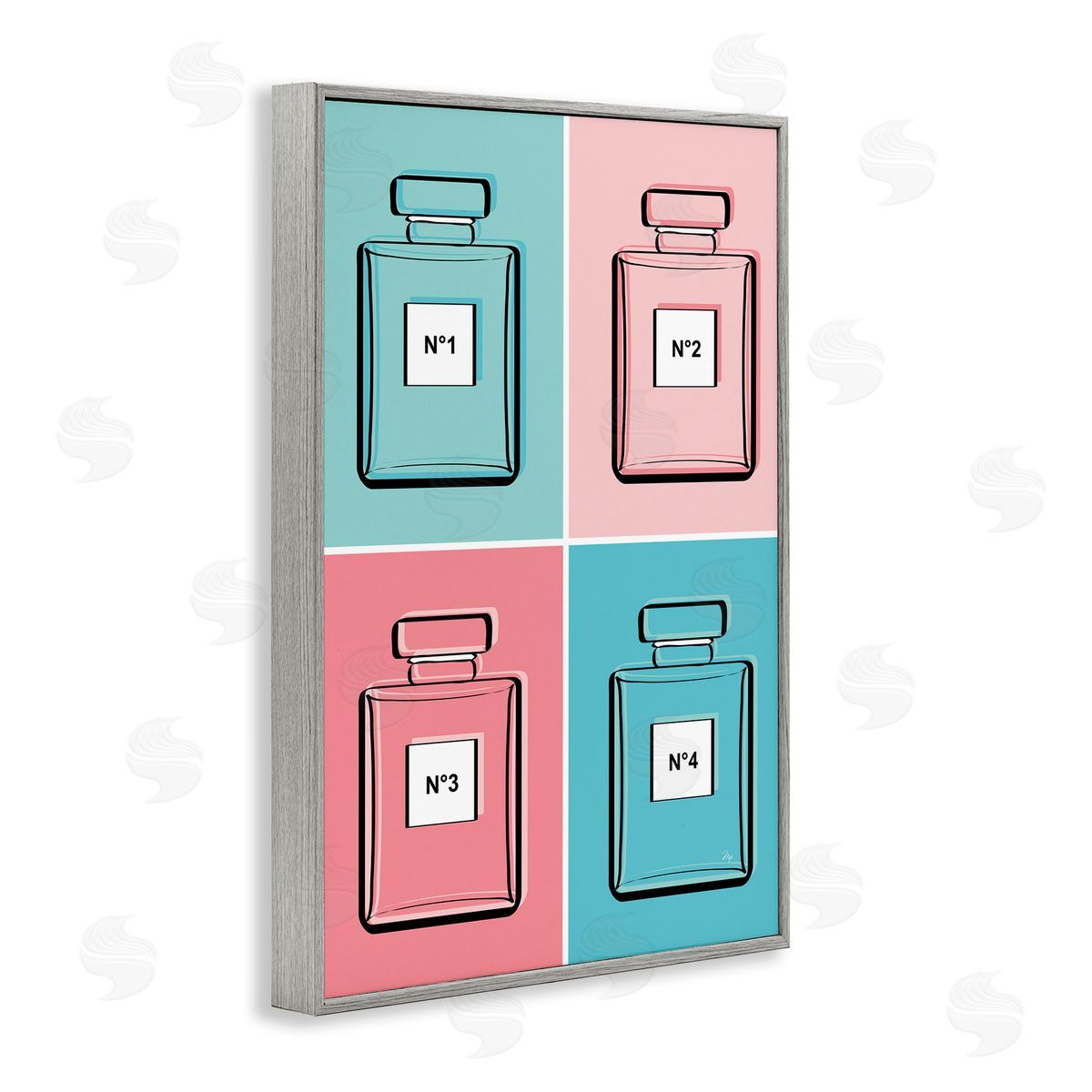 Pink & Blue Perfumes Grey Frame Print Wall Art, Home Decor by Martina Pavlova
