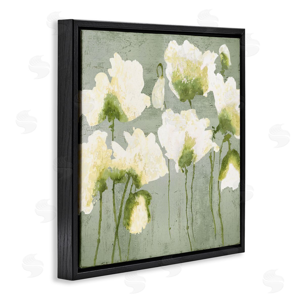 Modern White Flower Blooms Black Floating Frame Canvas Wall Art, Home Decor by Vanessa Austin