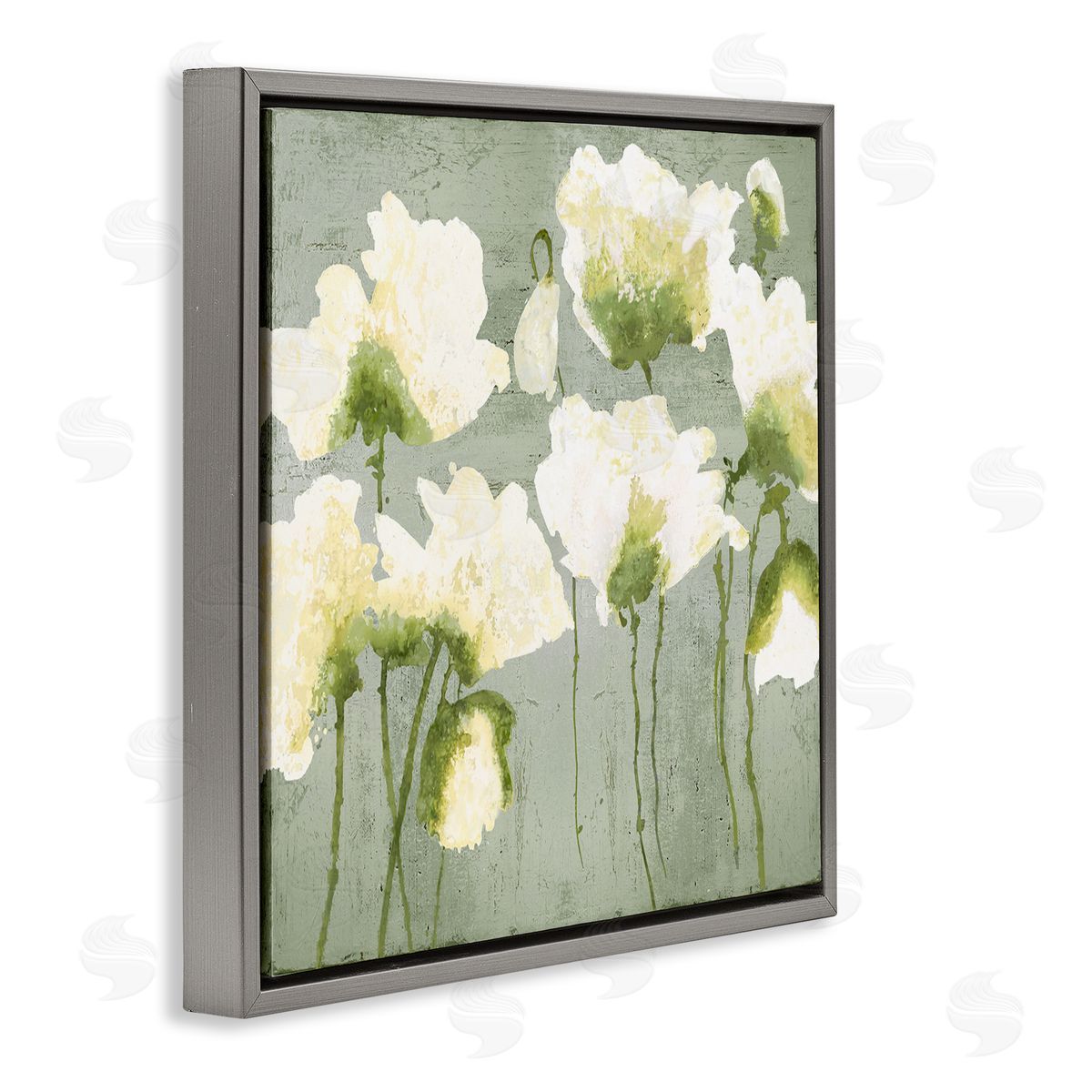 Modern White Flower Blooms Grey Floating Frame Canvas Wall Art, Home Decor by Vanessa Austin