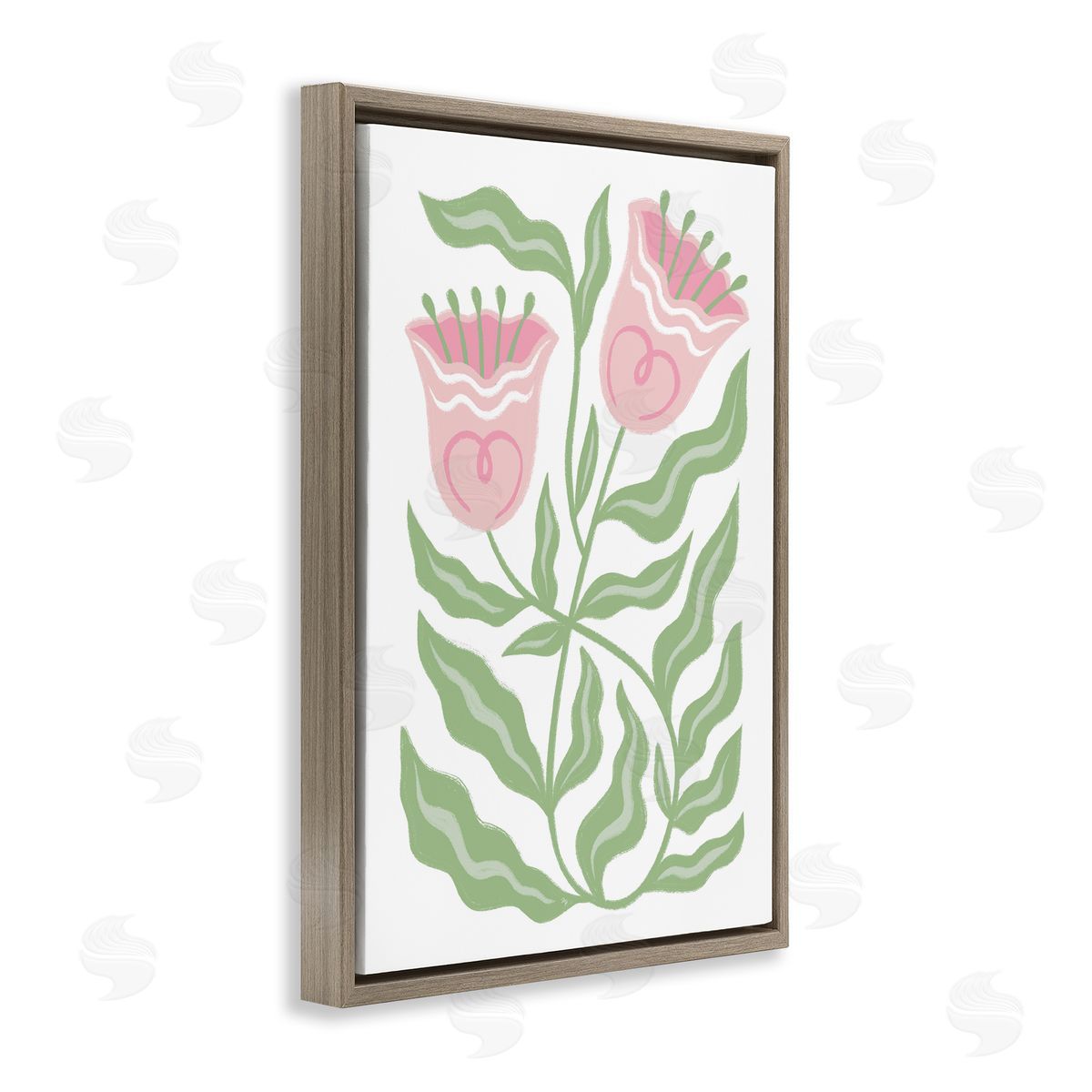 Pink Tulip Twin Blossoms Brown Floating Frame Canvas Wall Art, Home Decor by Martina Pavlova
