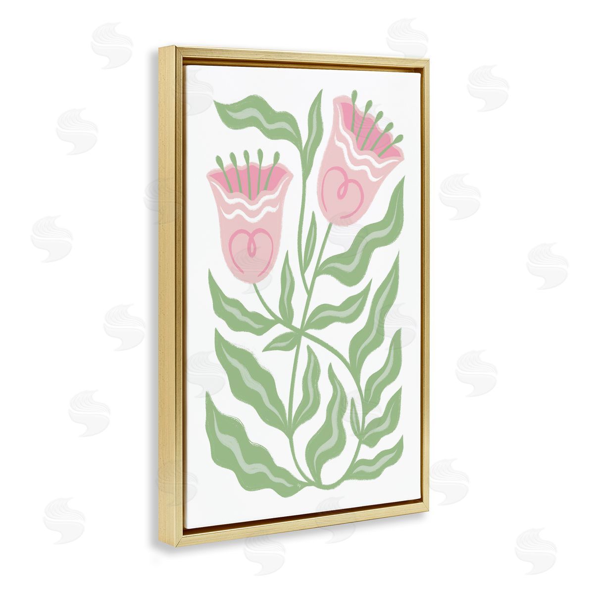 Pink Tulip Twin Blossoms Gold Floating Frame Canvas Wall Art, Home Decor by Martina Pavlova