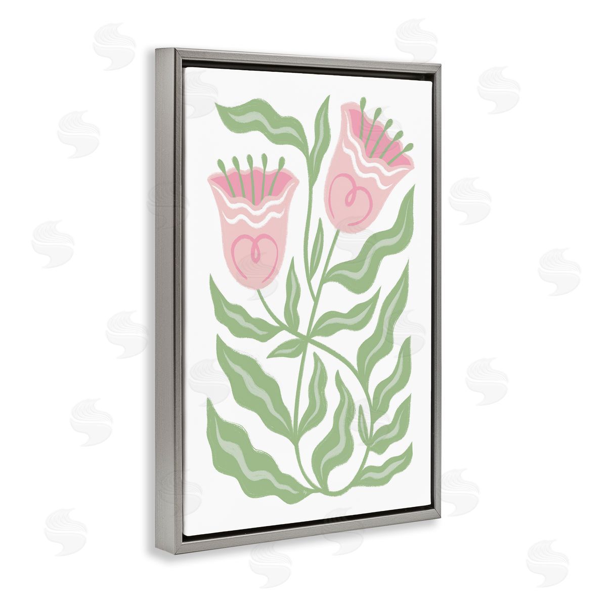 Pink Tulip Twin Blossoms Grey Floating Frame Canvas Wall Art, Home Decor by Martina Pavlova