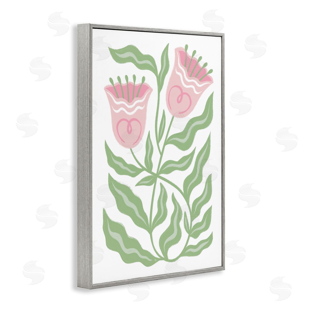 Pink Tulip Twin Blossoms Grey Frame Print Wall Art, Home Decor by Martina Pavlova