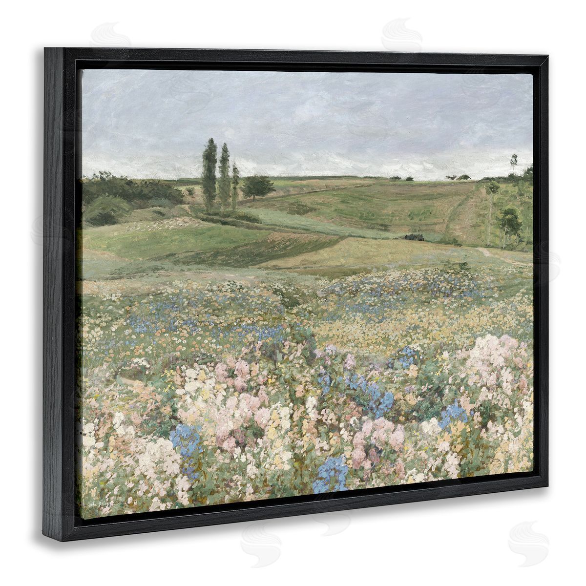 Charming Pastoral Meadow View Black Floating Frame Canvas Wall Art, Home Decor by Amber Sterling