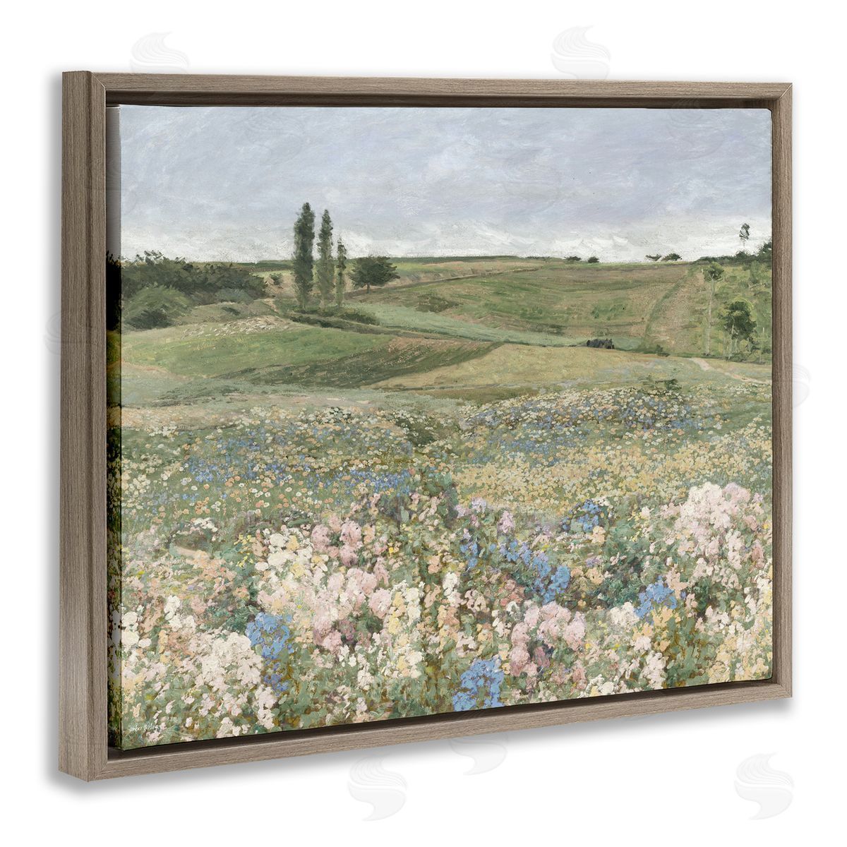 Charming Pastoral Meadow View Brown Floating Frame Canvas Wall Art, Home Decor by Amber Sterling