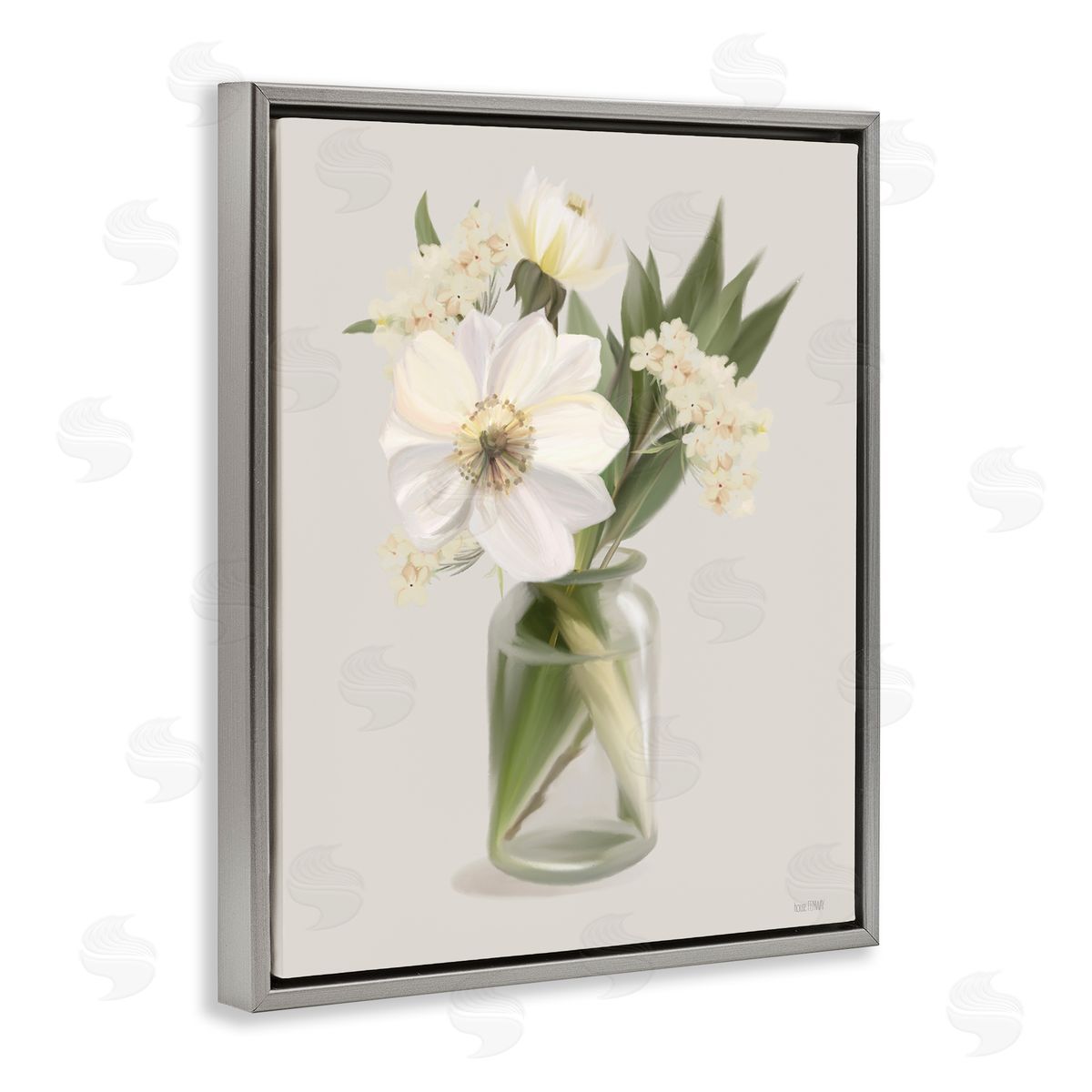 Spring Flower Bundle Vase Grey Floating Frame Canvas Wall Art, Home Decor by House Fenway