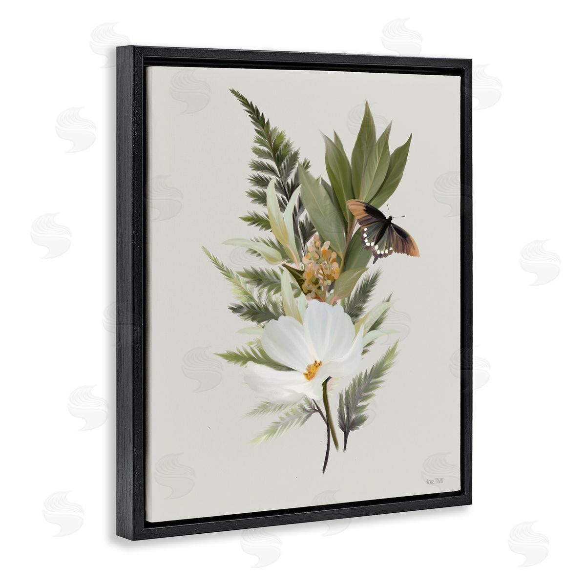 Flower Sprigs & Butterfly Black Floating Frame Canvas Wall Art, Home Decor by House Fenway