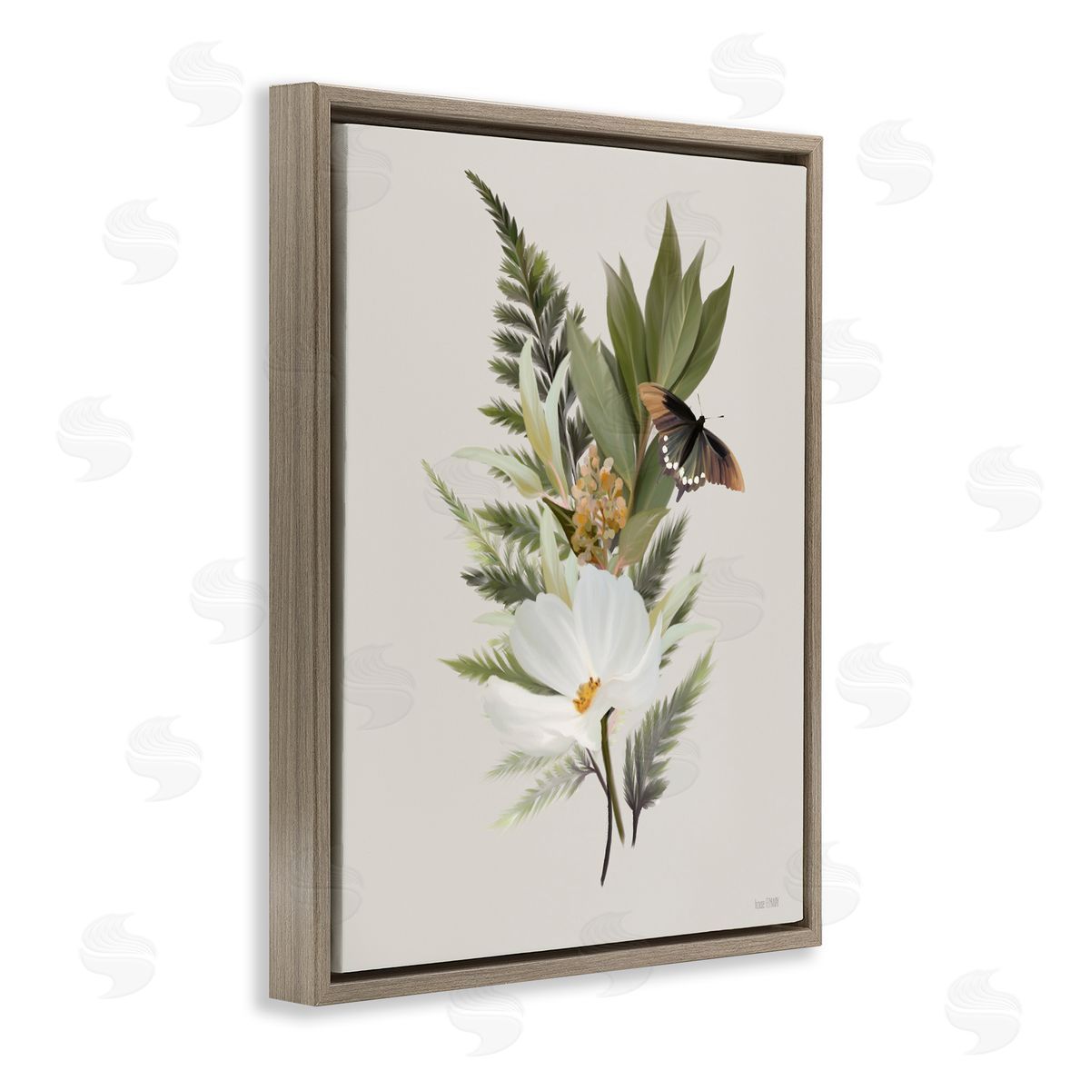 Flower Sprigs & Butterfly Brown Floating Frame Canvas Wall Art, Home Decor by House Fenway