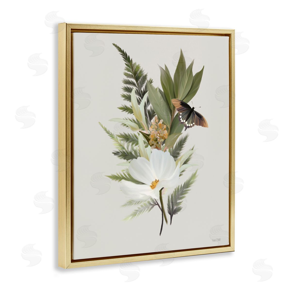 Flower Sprigs & Butterfly Gold Floating Frame Canvas Wall Art, Home Decor by House Fenway