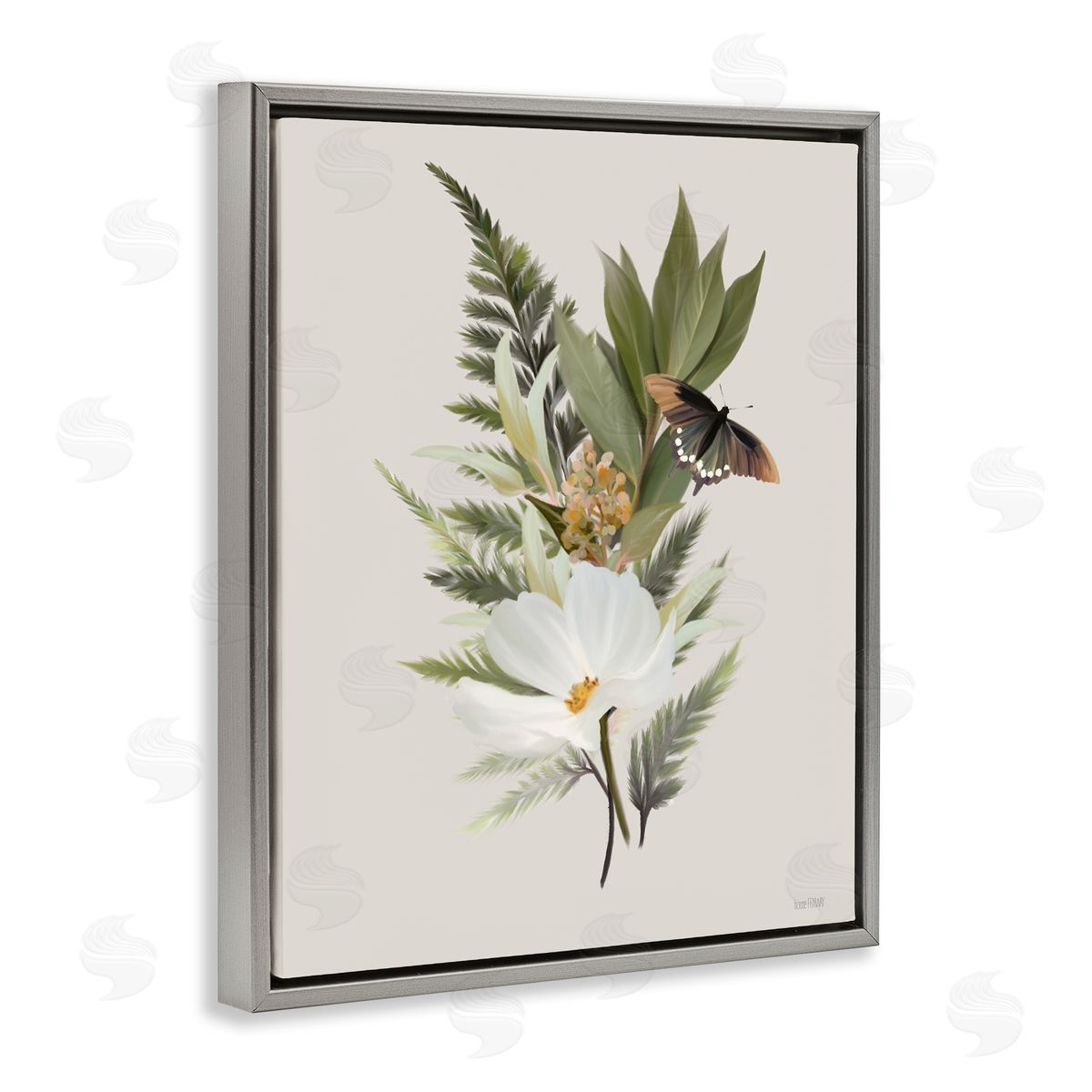 Flower Sprigs & Butterfly Grey Floating Frame Canvas Wall Art, Home Decor by House Fenway