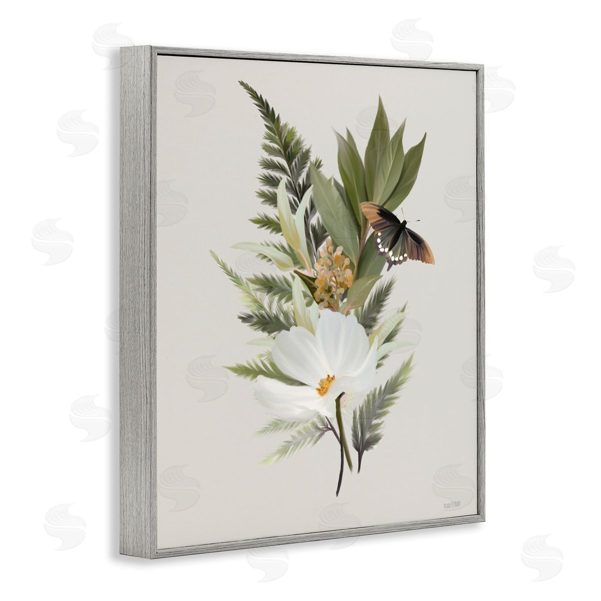 Flower Sprigs & Butterfly Grey Frame Print Wall Art, Home Decor by House Fenway