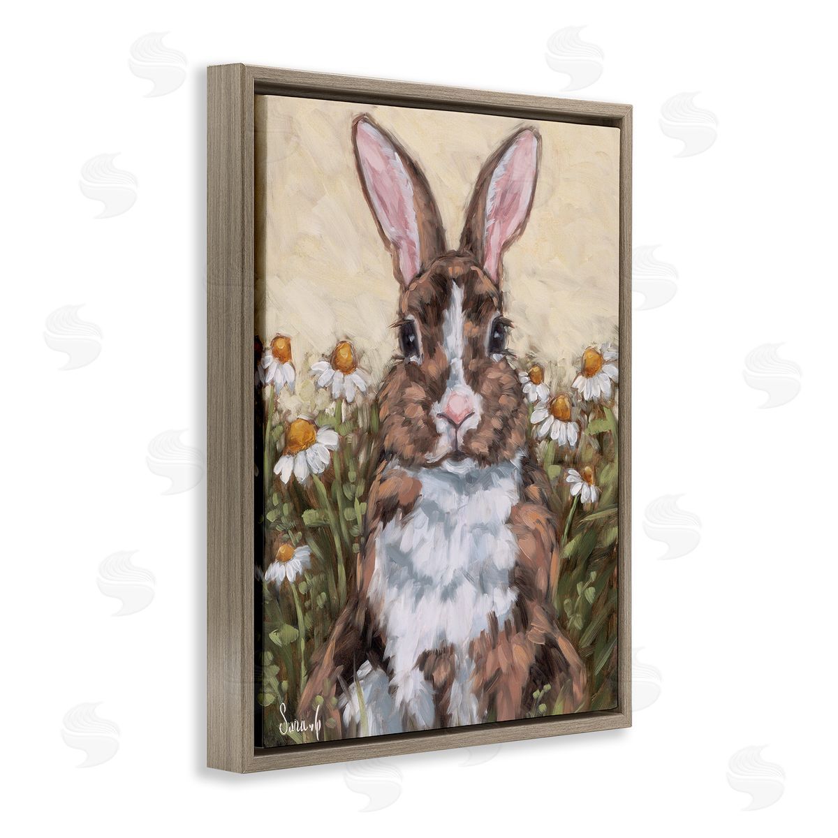 Rabbit Portrait with Daisies Brown Floating Frame Canvas Wall Art, Home Decor by Sara G. Designs