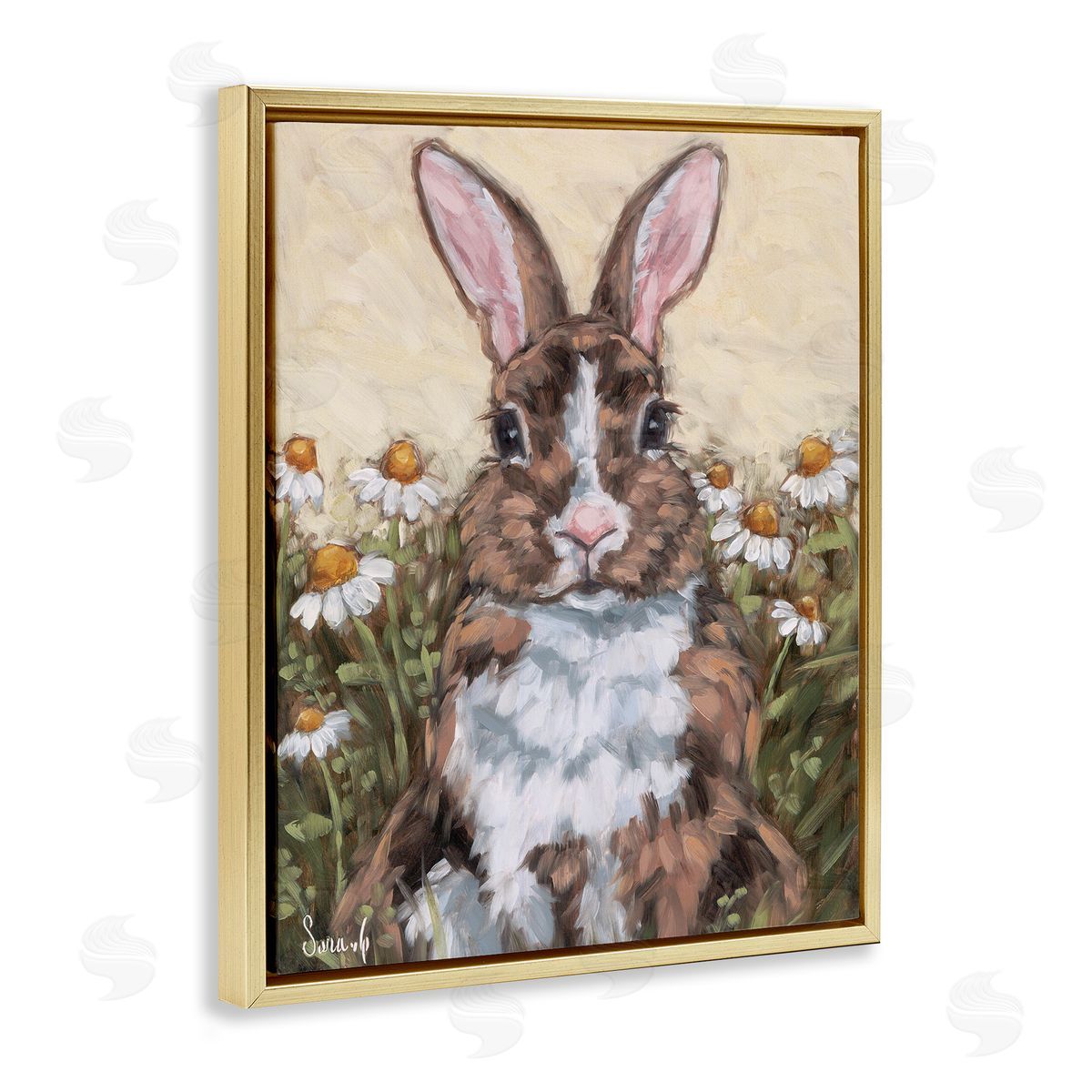 Rabbit Portrait with Daisies Gold Floating Frame Canvas Wall Art, Home Decor by Sara G. Designs