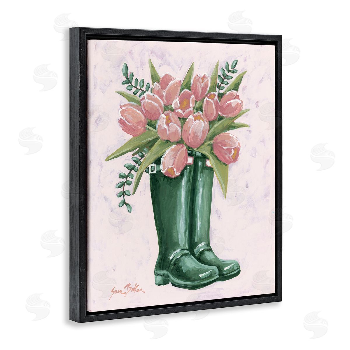 Pink Tulips in Boots Black Floating Frame Canvas Wall Art, Home Decor by Sara Baker