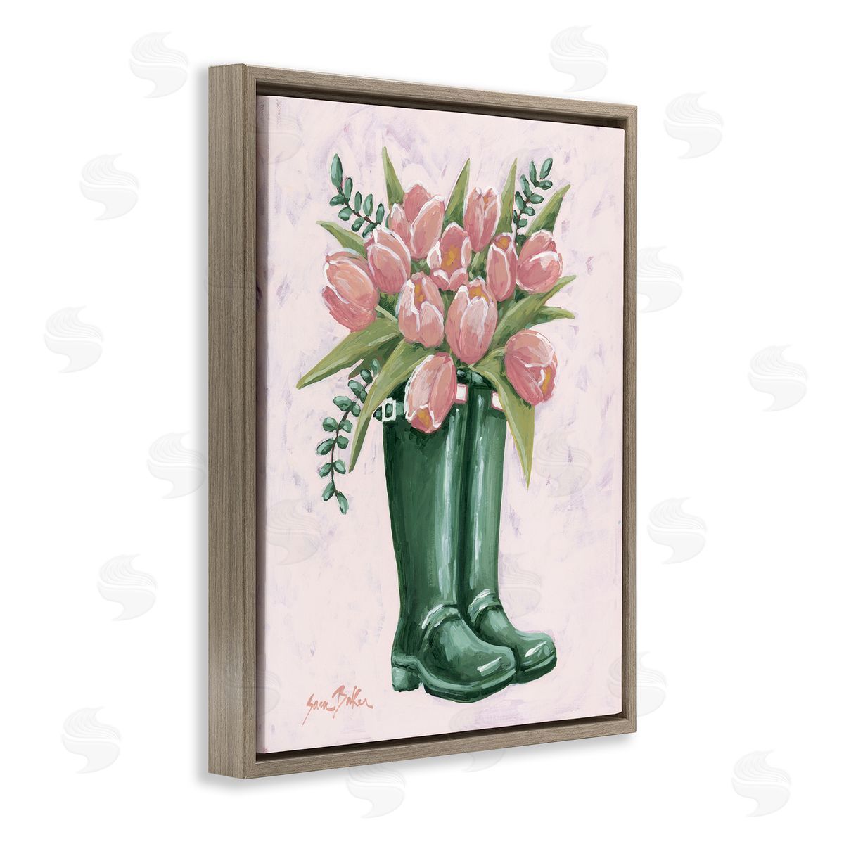 Pink Tulips in Boots Brown Floating Frame Canvas Wall Art, Home Decor by Sara Baker