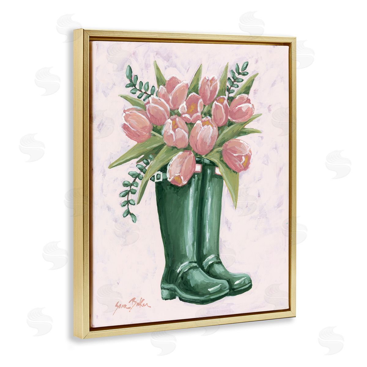 Pink Tulips in Boots Gold Floating Frame Canvas Wall Art, Home Decor by Sara Baker