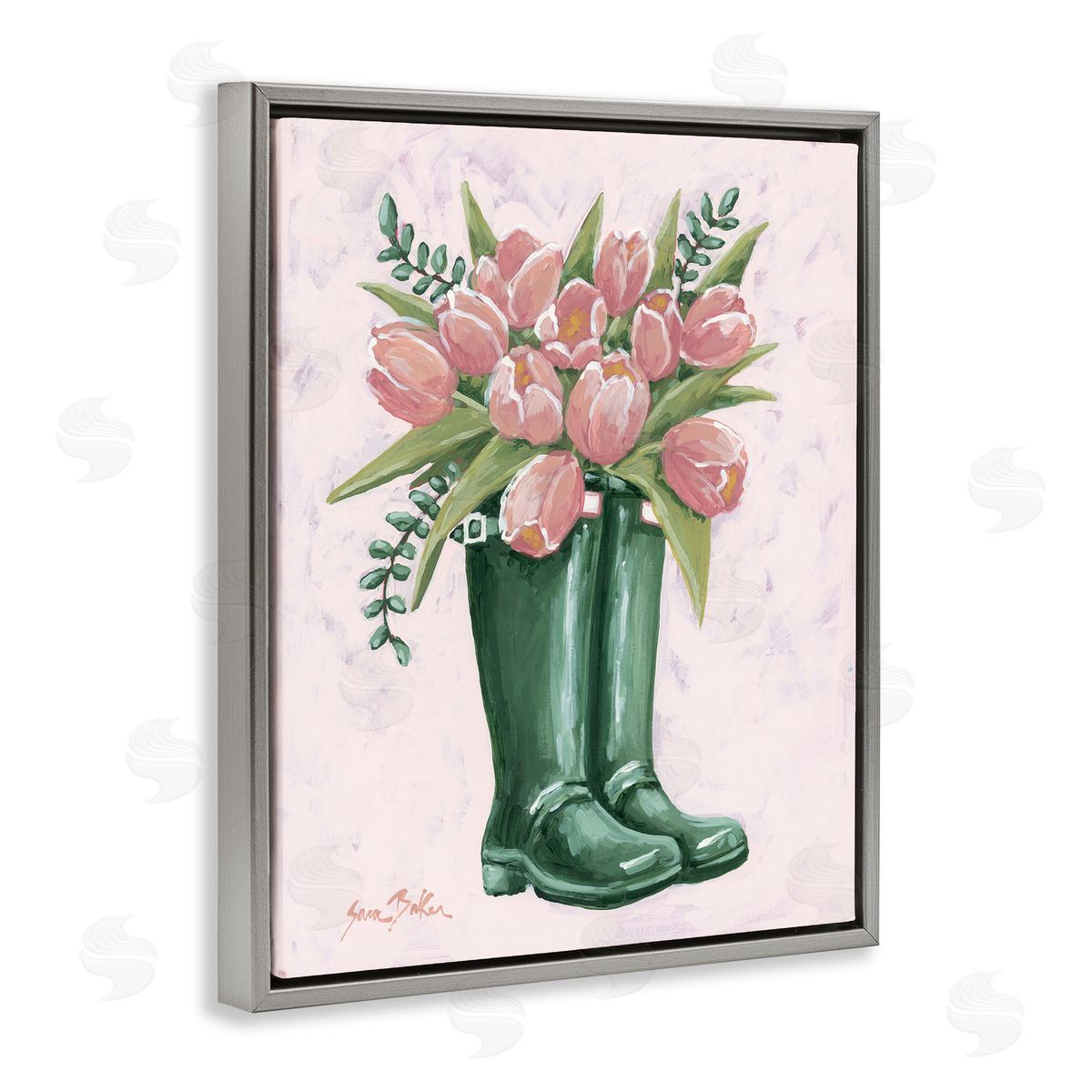 Pink Tulips in Boots Grey Floating Frame Canvas Wall Art, Home Decor by Sara Baker
